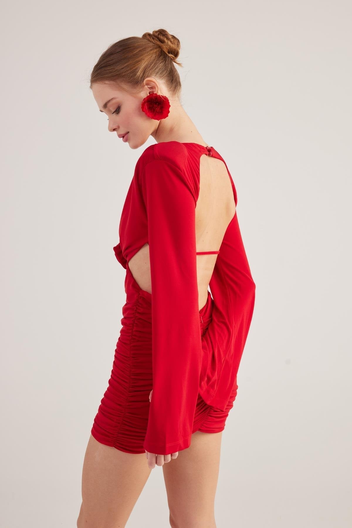 Hanna Red Backless Long Sleeve Mini Dress with Removable Rose Accessory-Sheath Dresses-Buy Me Fur Ltd-Red-XS-Polyester - Elastane Blend-Urbanheer
