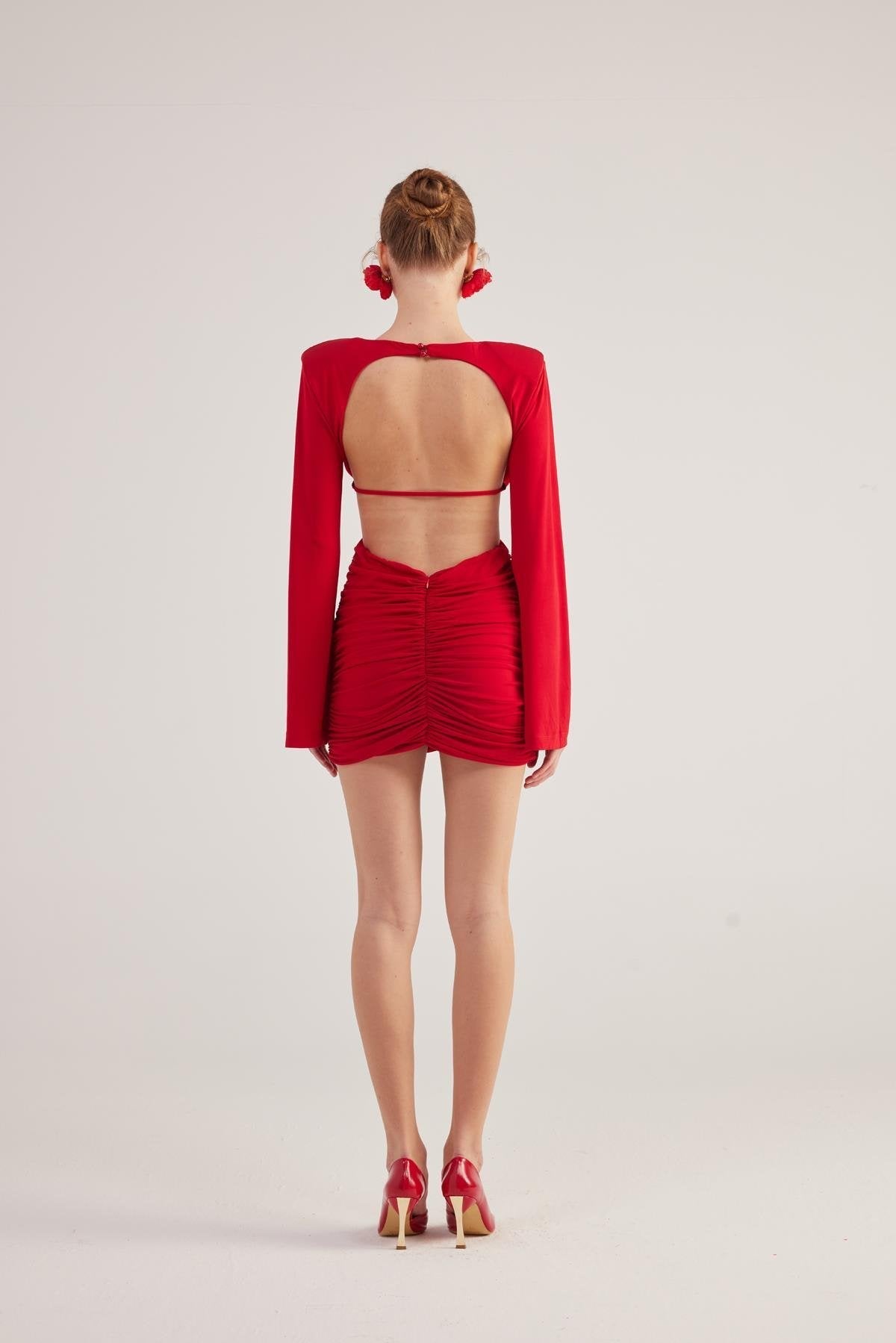 Hanna Red Backless Long Sleeve Mini Dress with Removable Rose Accessory-Sheath Dresses-Buy Me Fur Ltd-Red-XS-Polyester - Elastane Blend-Urbanheer