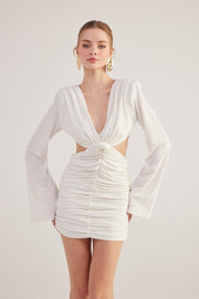 Hanna White Backless Long Sleeve Mini Dress with Removable Rose Accessory-Sheath Dresses-Buy Me Fur Ltd-White-XS-Polyester - Elastane Blend-Urbanheer