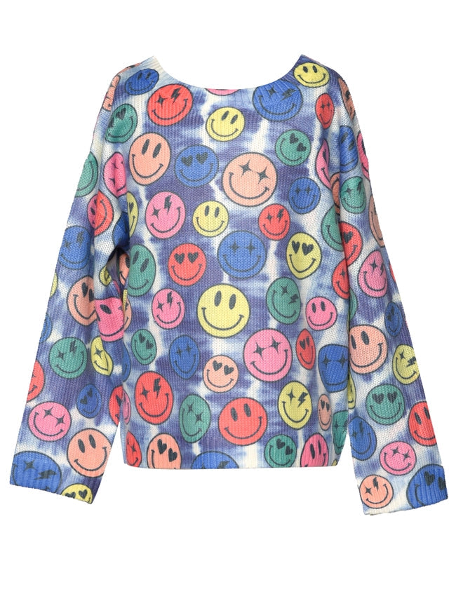 Happy Face Printed Sweater Top-Sweater Top-Hannah Banana-12M-NAVY MULTI-Urbanheer