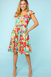 Haptics Floral Square Neck Short Sleeve Dress-Street 360-Fuchsia/Mint-S-Urbanheer
