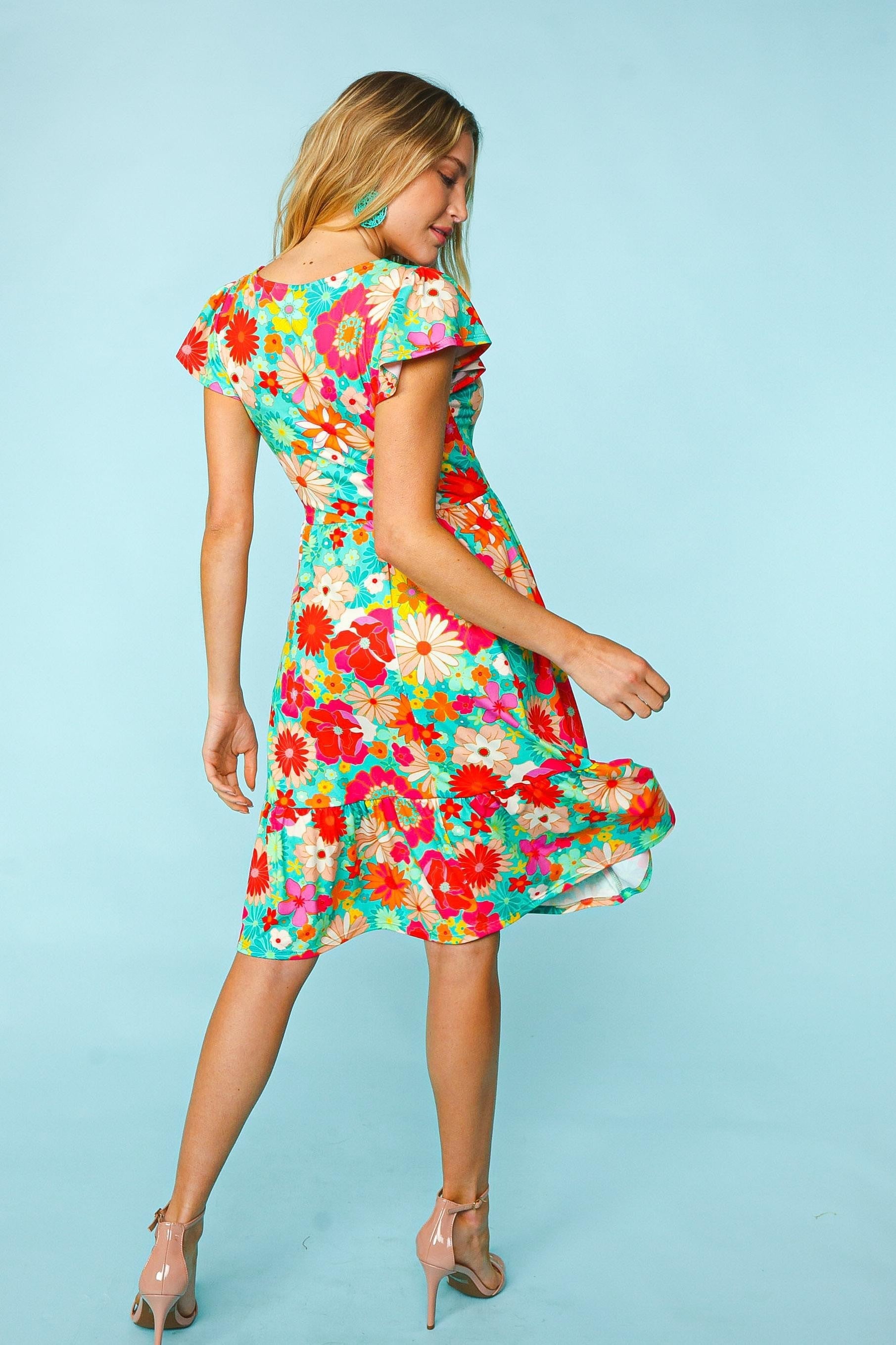 Haptics Floral Square Neck Short Sleeve Dress-Street 360-Fuchsia/Mint-S-Urbanheer