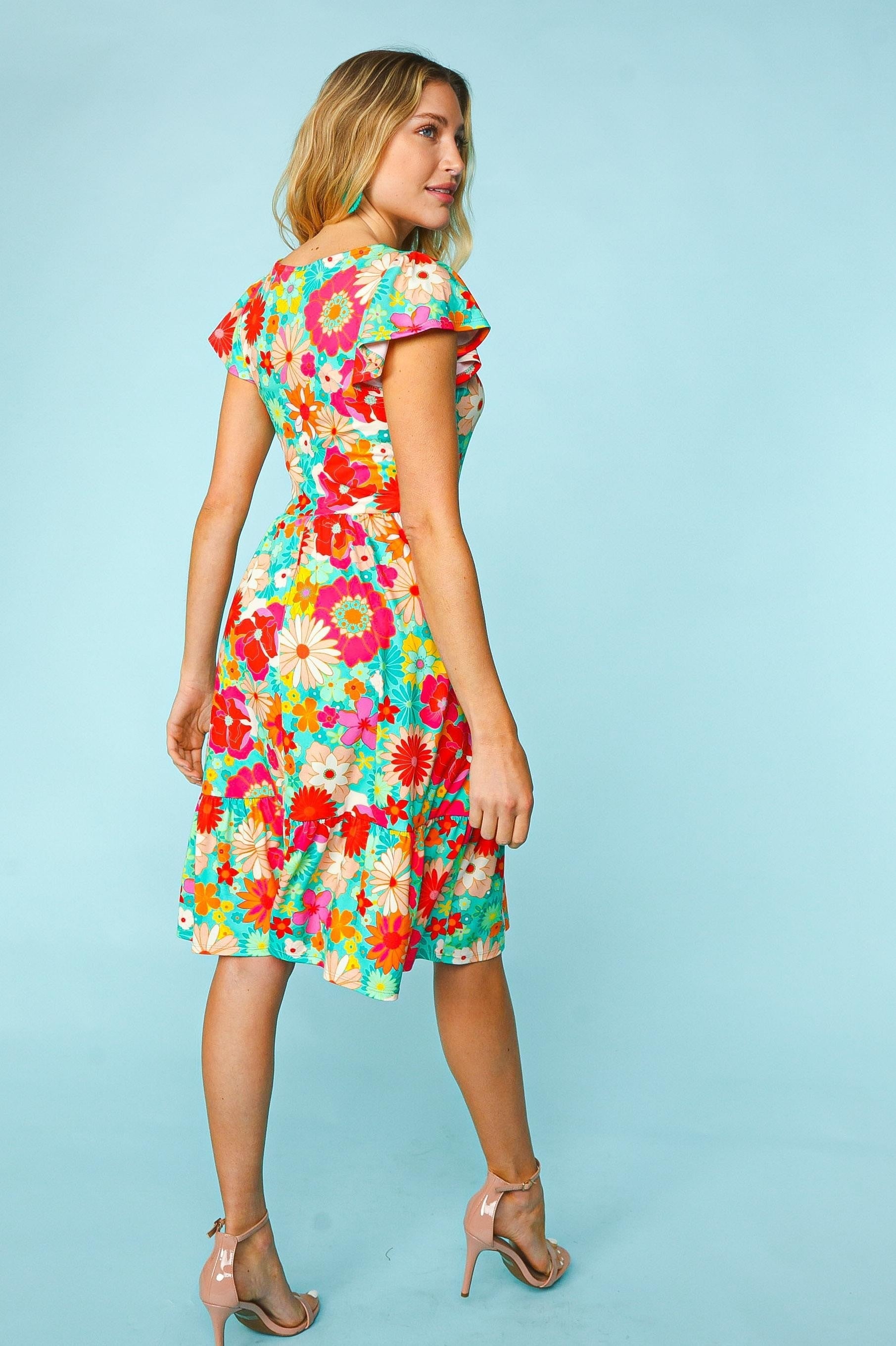 Haptics Floral Square Neck Short Sleeve Dress-Street 360-Fuchsia/Mint-S-Urbanheer