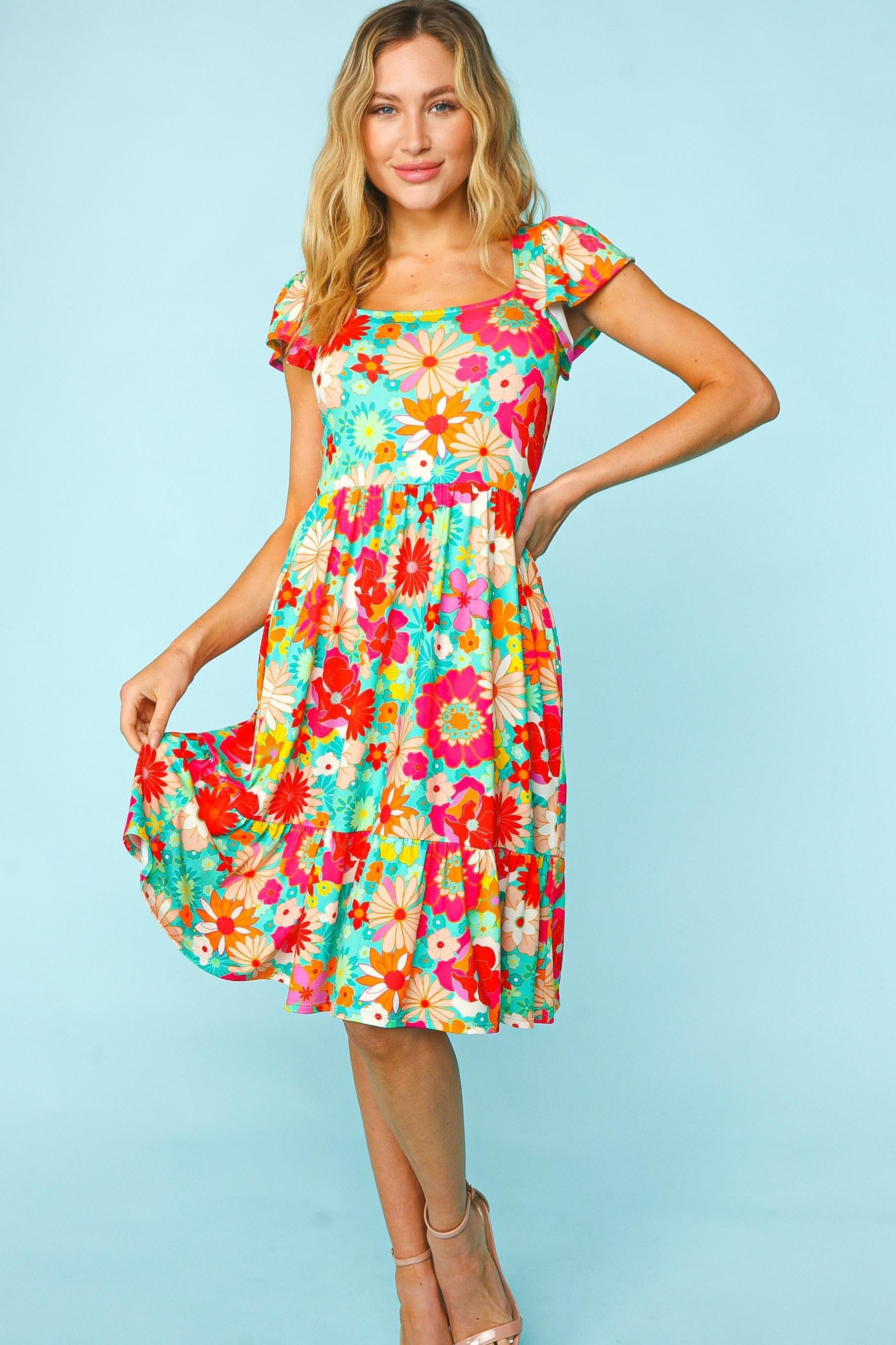 Haptics Floral Square Neck Short Sleeve Dress-Street 360-Fuchsia/Mint-S-Urbanheer