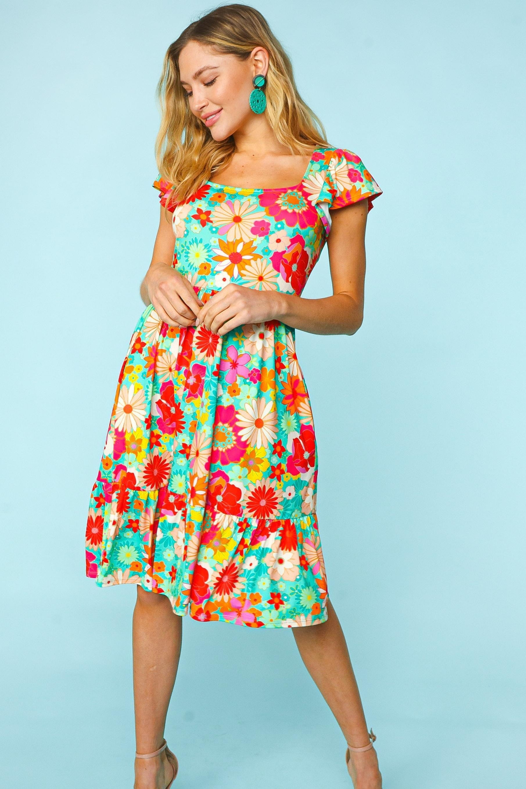 Haptics Floral Square Neck Short Sleeve Dress-Street 360-Fuchsia/Mint-S-Urbanheer