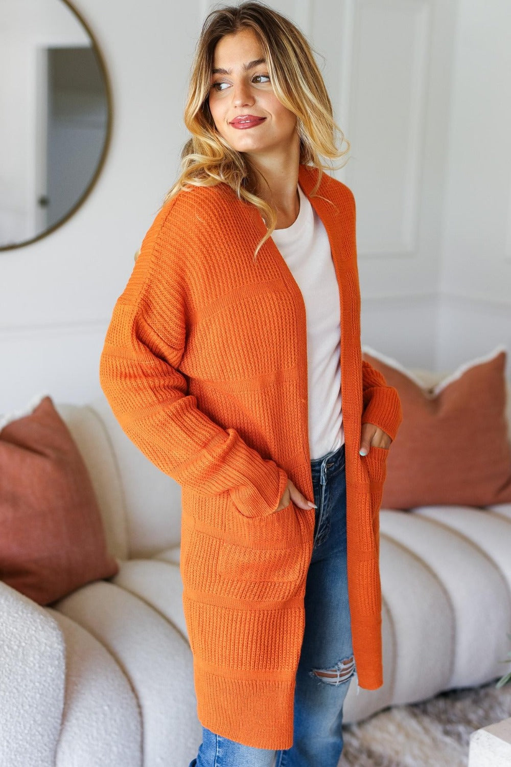 Haptics Full Size Stripe Textured Open Front Cardigan with Pockets-Street 360-Rust-S-Urbanheer