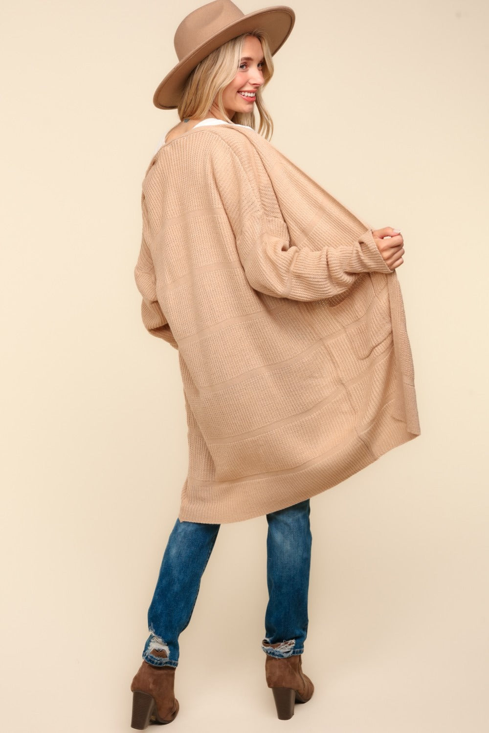 Haptics Stripe Textured Open Front Cardigan with Pockets-Street 360-Taupe-S-Urbanheer