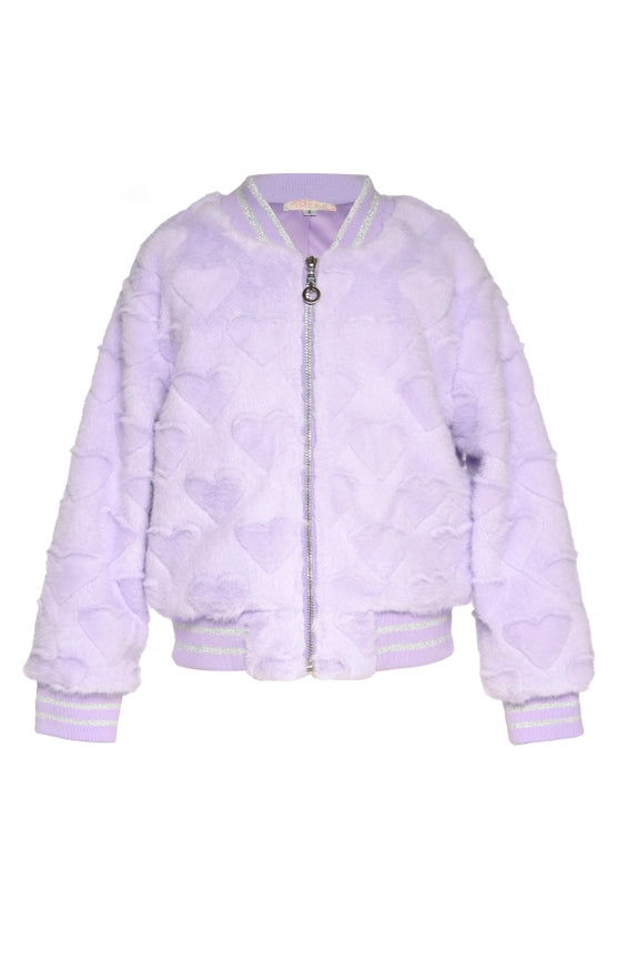 Heart Embossed Faux Fur Bomber Jacket-Jacket-Hannah Banana-3T-LAVENDER-Urbanheer