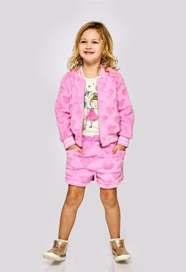 Heart Embossed Faux Fur Bomber Jacket-Jacket-Hannah Banana-24M-PINK-Urbanheer