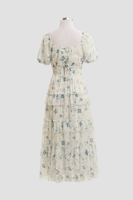 Heart Neck Puff Sleeve Ruffled Tiered Midi Dress-Dress-Moon River-XS-IVORY MULTI-Urbanheer