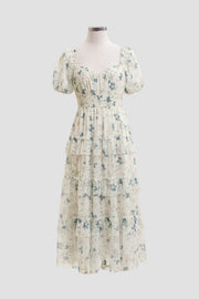 Heart Neck Puff Sleeve Ruffled Tiered Midi Dress-Dress-Moon River-XS-IVORY MULTI-Urbanheer