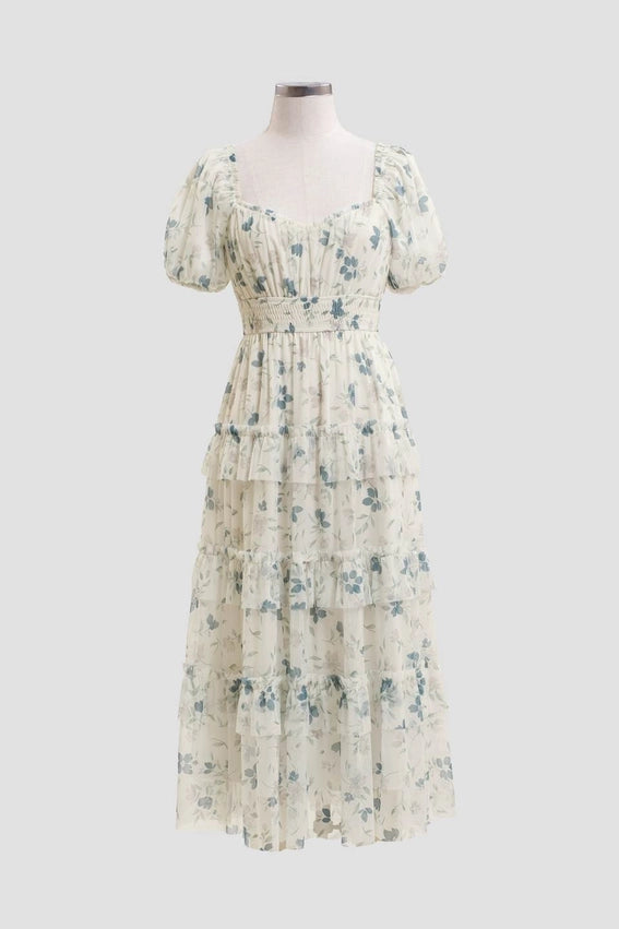 Heart Neck Puff Sleeve Ruffled Tiered Midi Dress-Dress-Moon River-XS-IVORY MULTI-Urbanheer