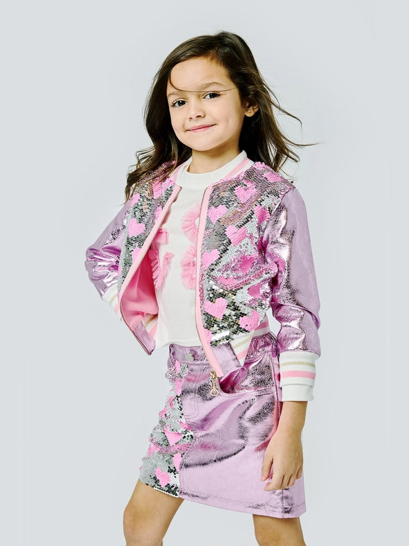 Heart Sequin Bomber Jacket w/ Metallic Faux Leather Contrast-Jacket-Hannah Banana-12M-PINK MULTI-Urbanheer