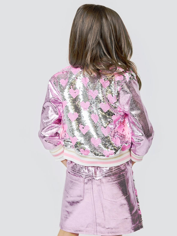 Heart Sequin Bomber Jacket w/ Metallic Faux Leather Contrast-Jacket-Hannah Banana-12M-PINK MULTI-Urbanheer
