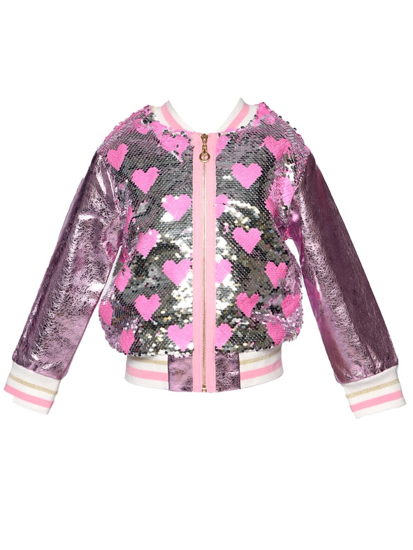 Heart Sequin Bomber Jacket w/ Metallic Faux Leather Contrast-Jacket-Hannah Banana-12M-PINK MULTI-Urbanheer