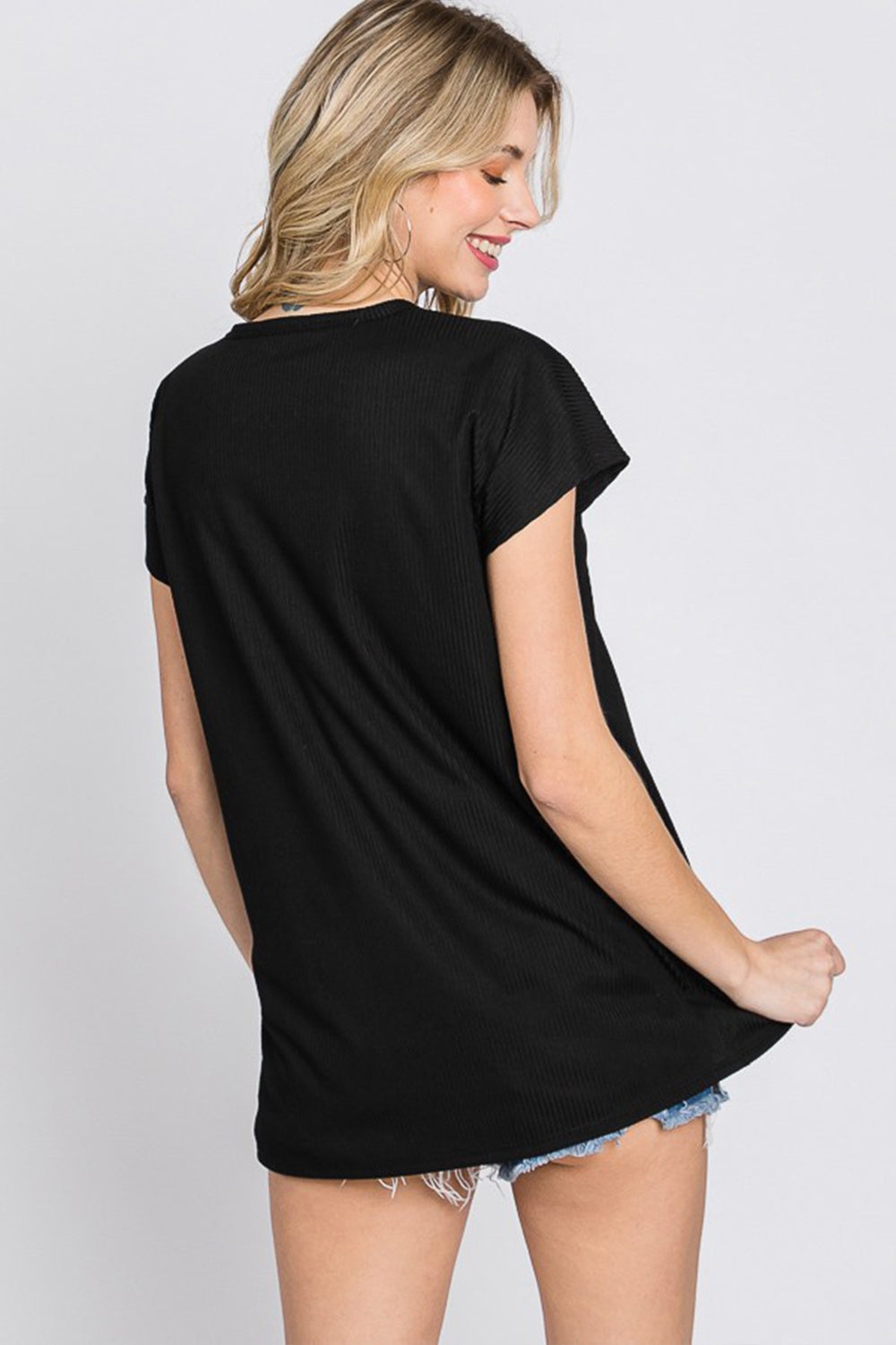 Heimish Full Size Front Button V-Neck Short Sleeve T-Shirt-Heimish-Black-S-Urbanheer
