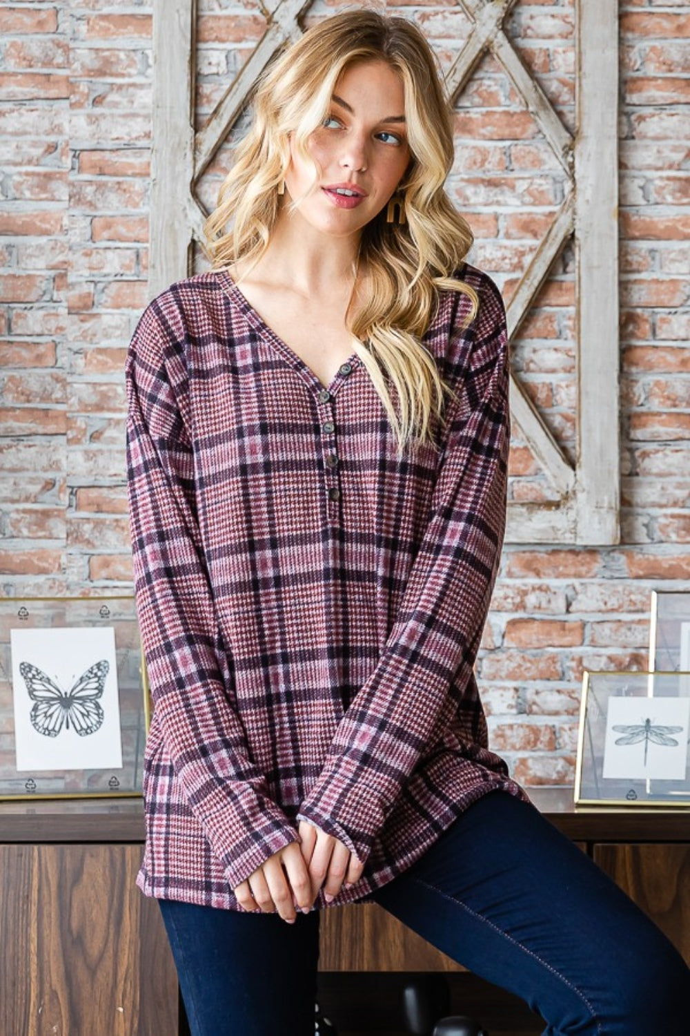 Heimish Full Size Plaid V-Neck Long Sleeve Top-Heimish-Mauve-S-Urbanheer