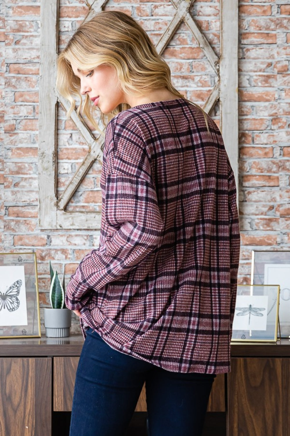 Heimish Full Size Plaid V-Neck Long Sleeve Top-Heimish-Mauve-S-Urbanheer