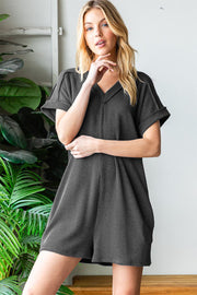 Heimish Full Size Short Sleeve Ribbed Romper with Pockets-Heimish-Charcoal-S-Urbanheer