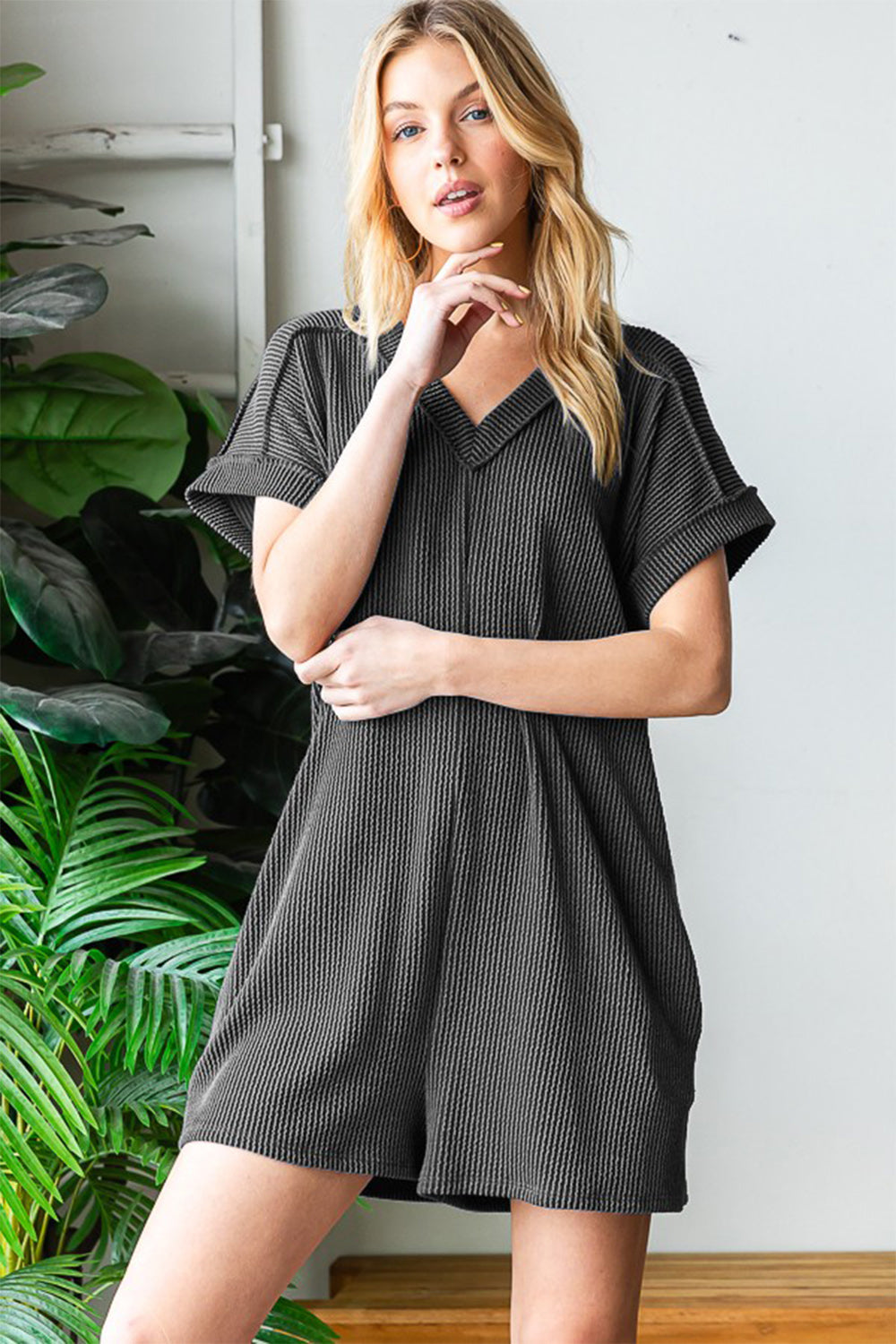 Heimish Full Size Short Sleeve Ribbed Romper with Pockets-Heimish-Charcoal-S-Urbanheer