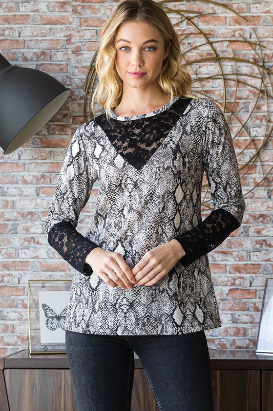 Heimish Full Size Snakeskin Print Round Neck Lace Contrast Top-Street 360-Black-S-Urbanheer
