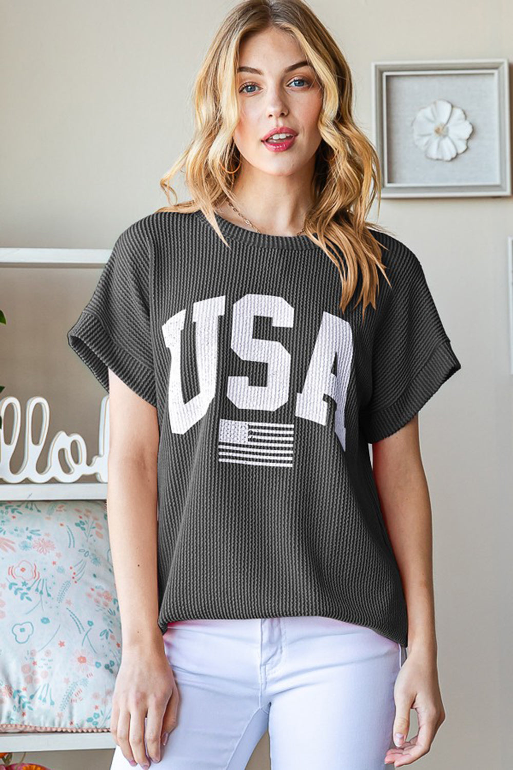 Heimish Full Size USA Graphic Short Sleeve Ribbed Top-Heimish-Charcoal-S-Urbanheer