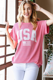 Heimish Full Size USA Graphic Short Sleeve Ribbed Top-Heimish-Coral-S-Urbanheer