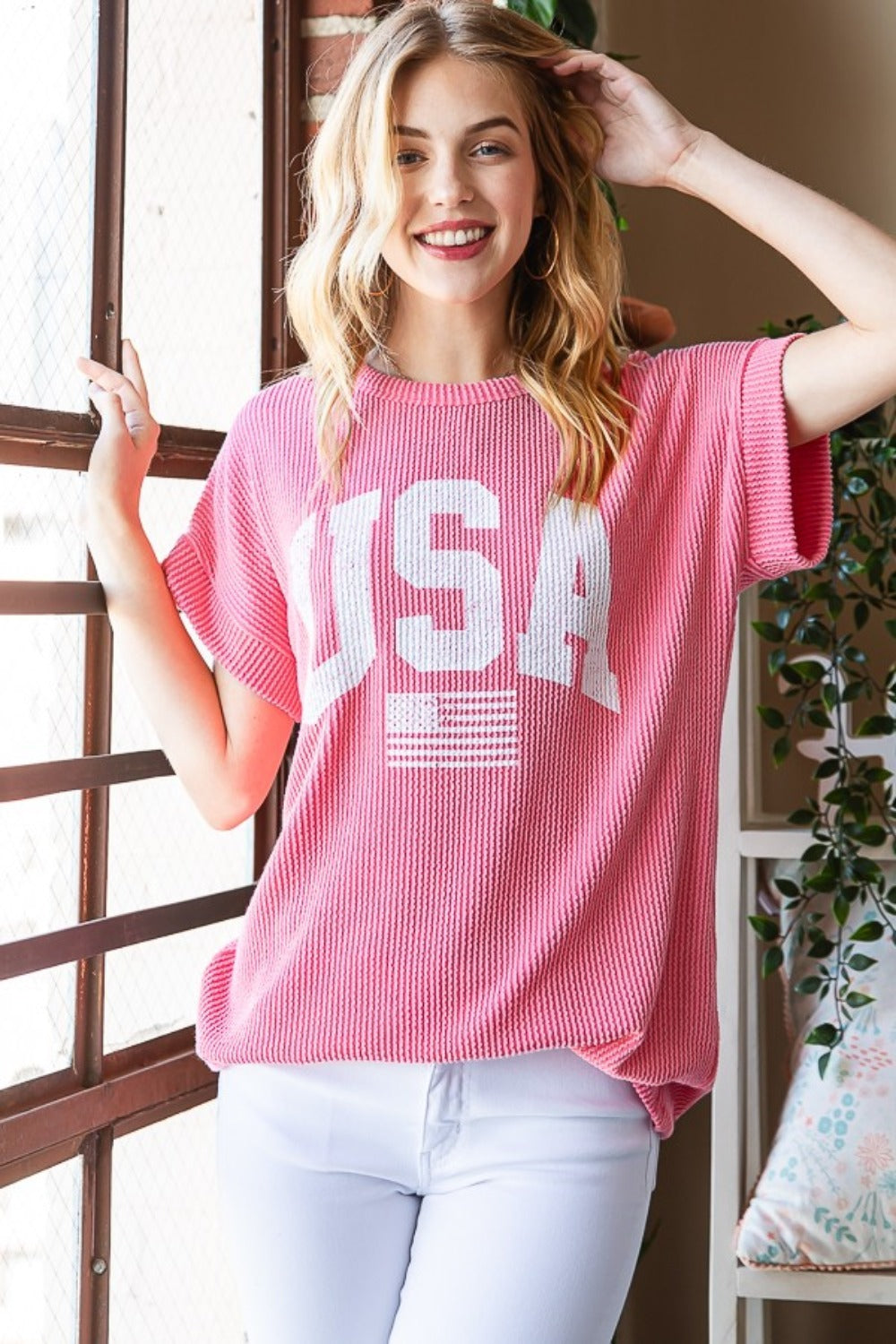 Heimish Full Size USA Graphic Short Sleeve Ribbed Top-Heimish-Coral-S-Urbanheer