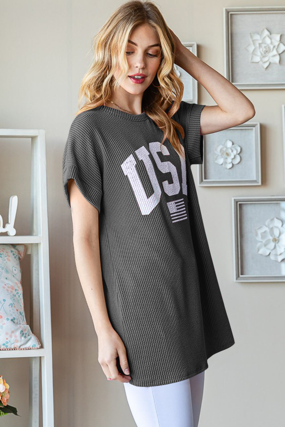 Heimish Full Size USA Graphic Short Sleeve Ribbed Top-Heimish-Charcoal-S-Urbanheer