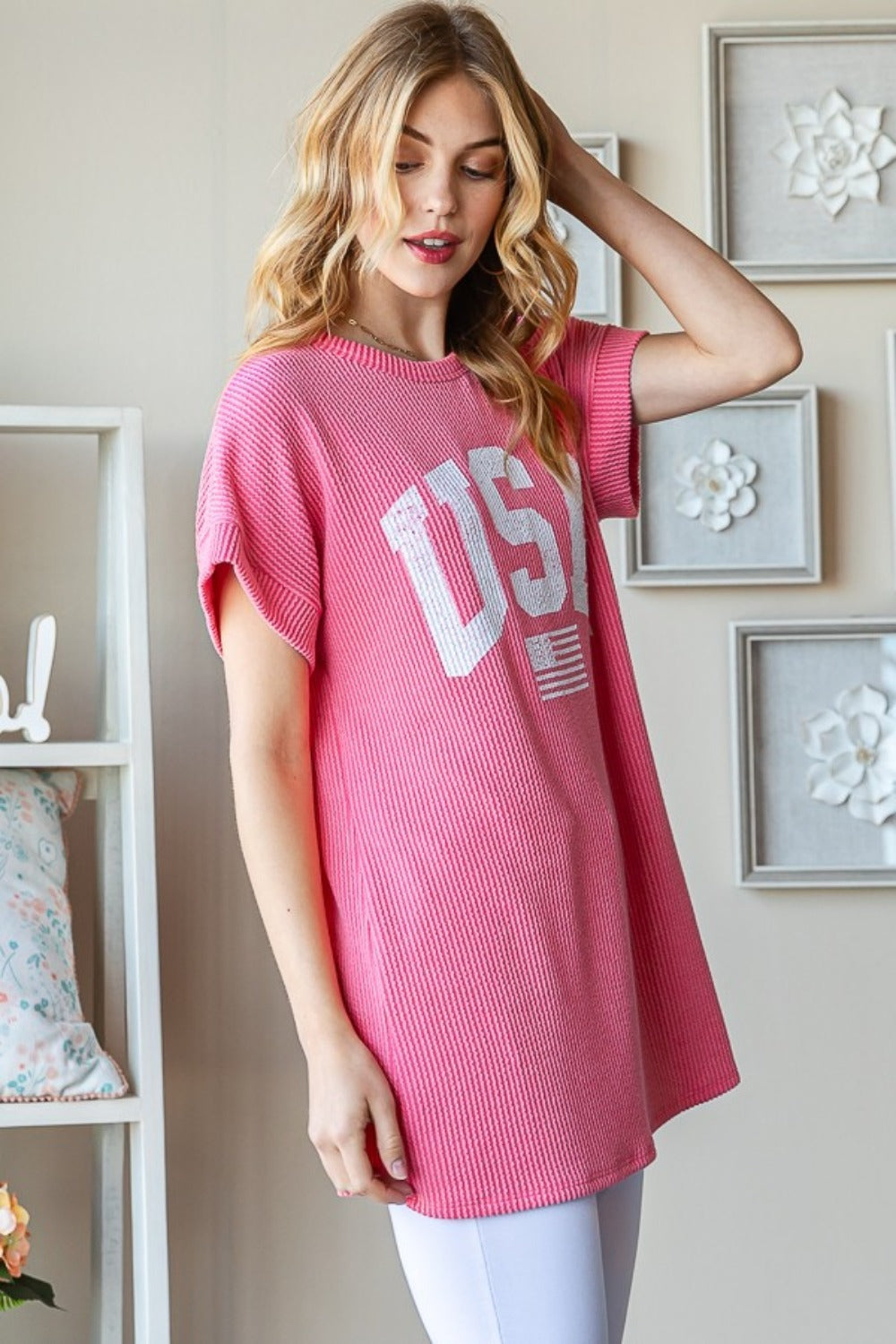 Heimish Full Size USA Graphic Short Sleeve Ribbed Top-Heimish-Coral-S-Urbanheer