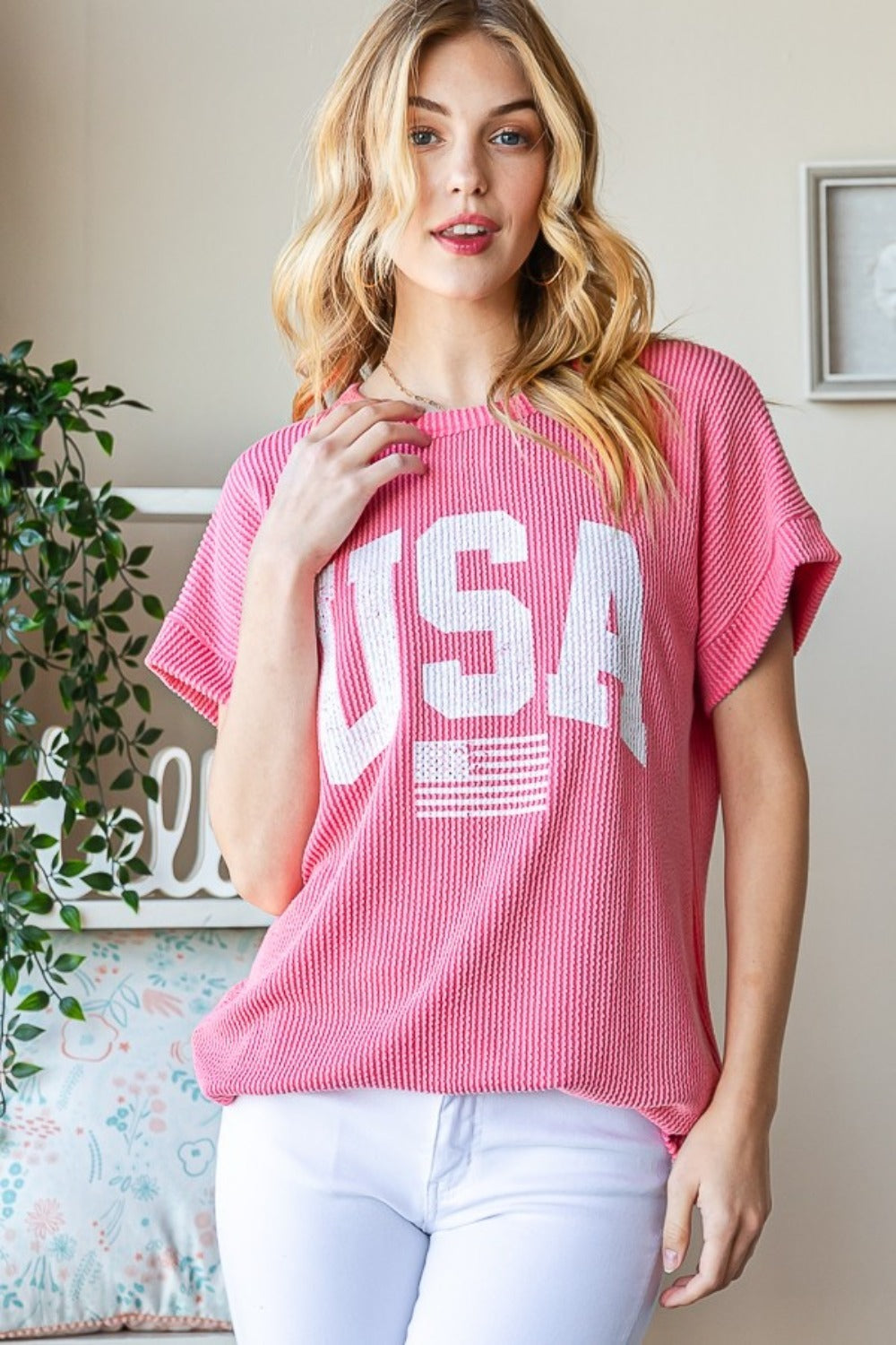 Heimish Full Size USA Graphic Short Sleeve Ribbed Top-Heimish-Coral-S-Urbanheer