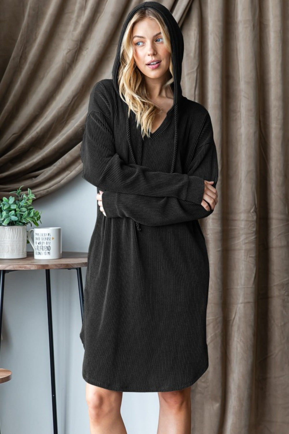 Heimish Ribbed Long Sleeve Hooded Dress-Heimish-Black-S-Urbanheer