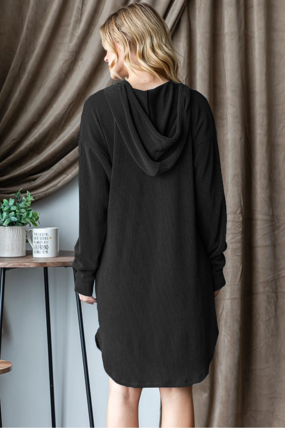 Heimish Ribbed Long Sleeve Hooded Dress-Heimish-Black-S-Urbanheer
