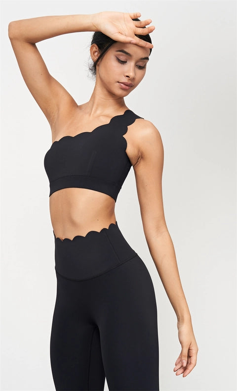 Helena Scalloped One Shoulder Sports Bra Black-Sports bra-91thelabel-S-Urbanheer
