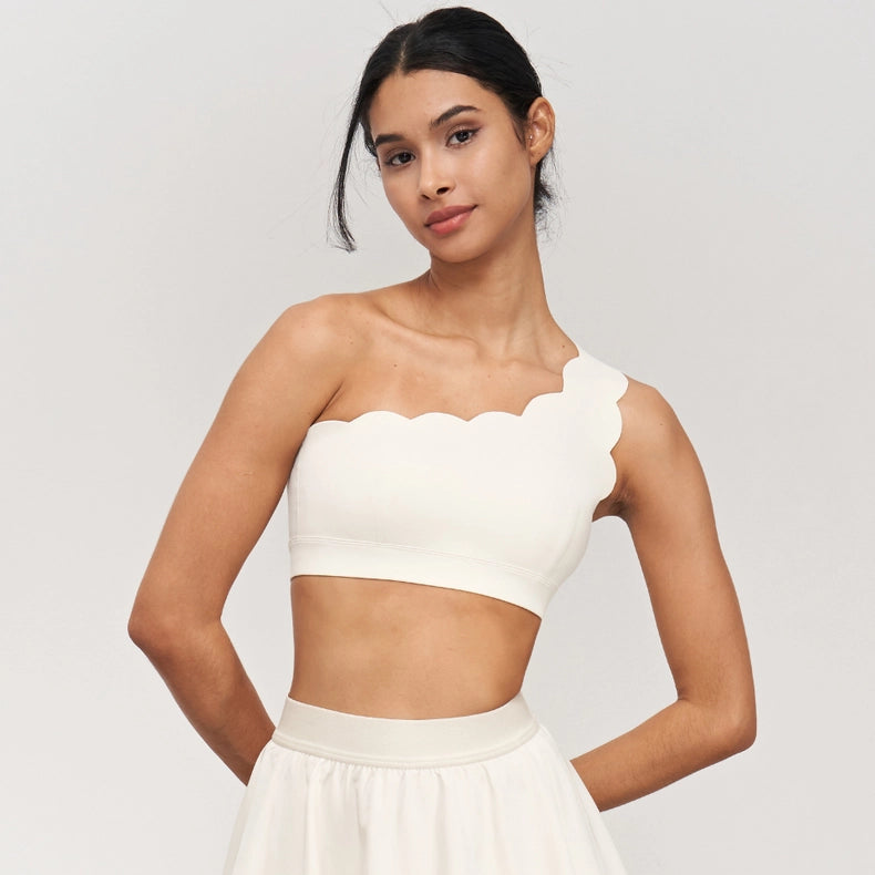 Helena Scalloped One Shoulder Sports Bra Ivory-Sports bra-91thelabel-S-Urbanheer