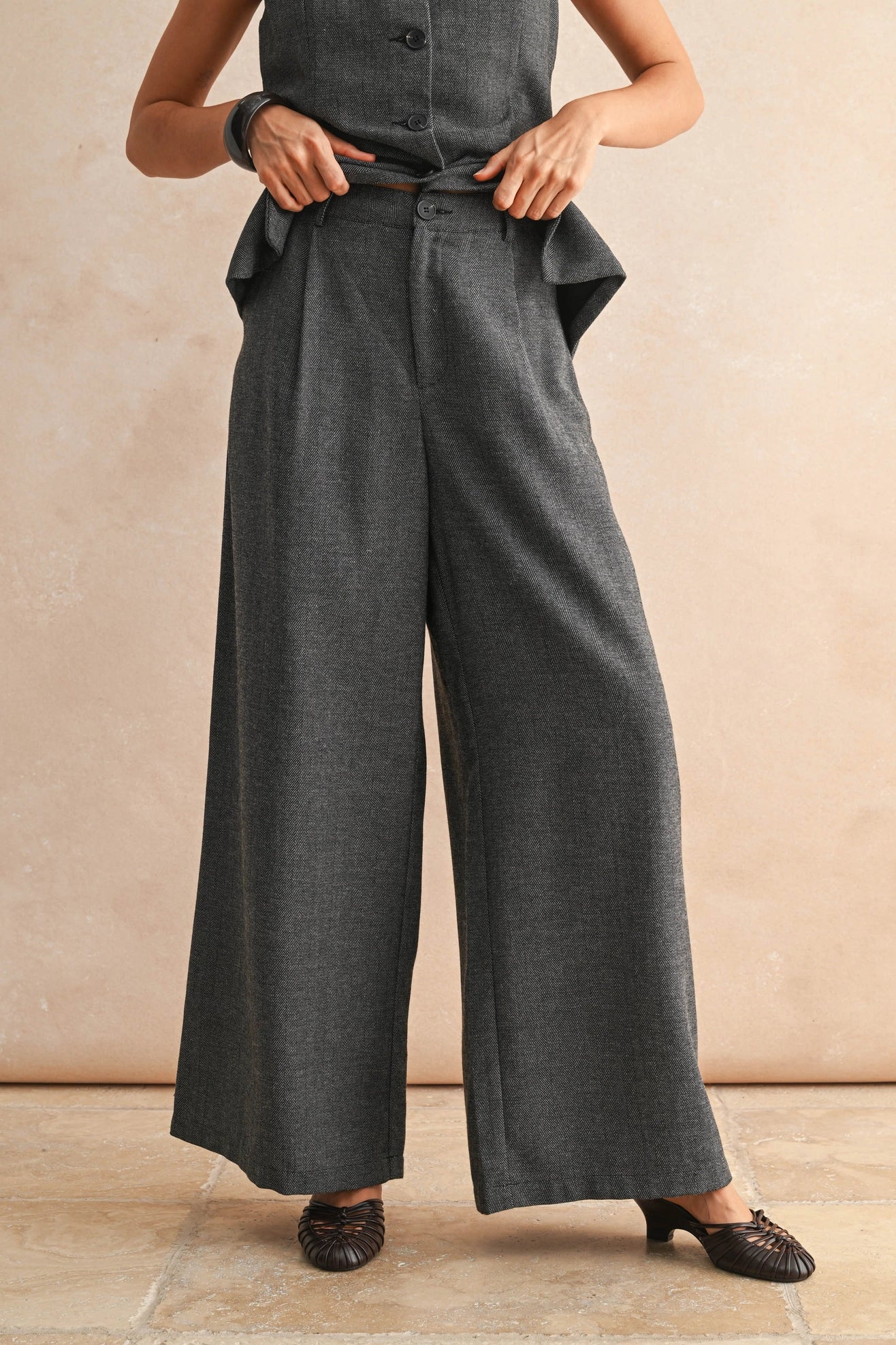 Herringbone Pattern Wide Leg Trousers