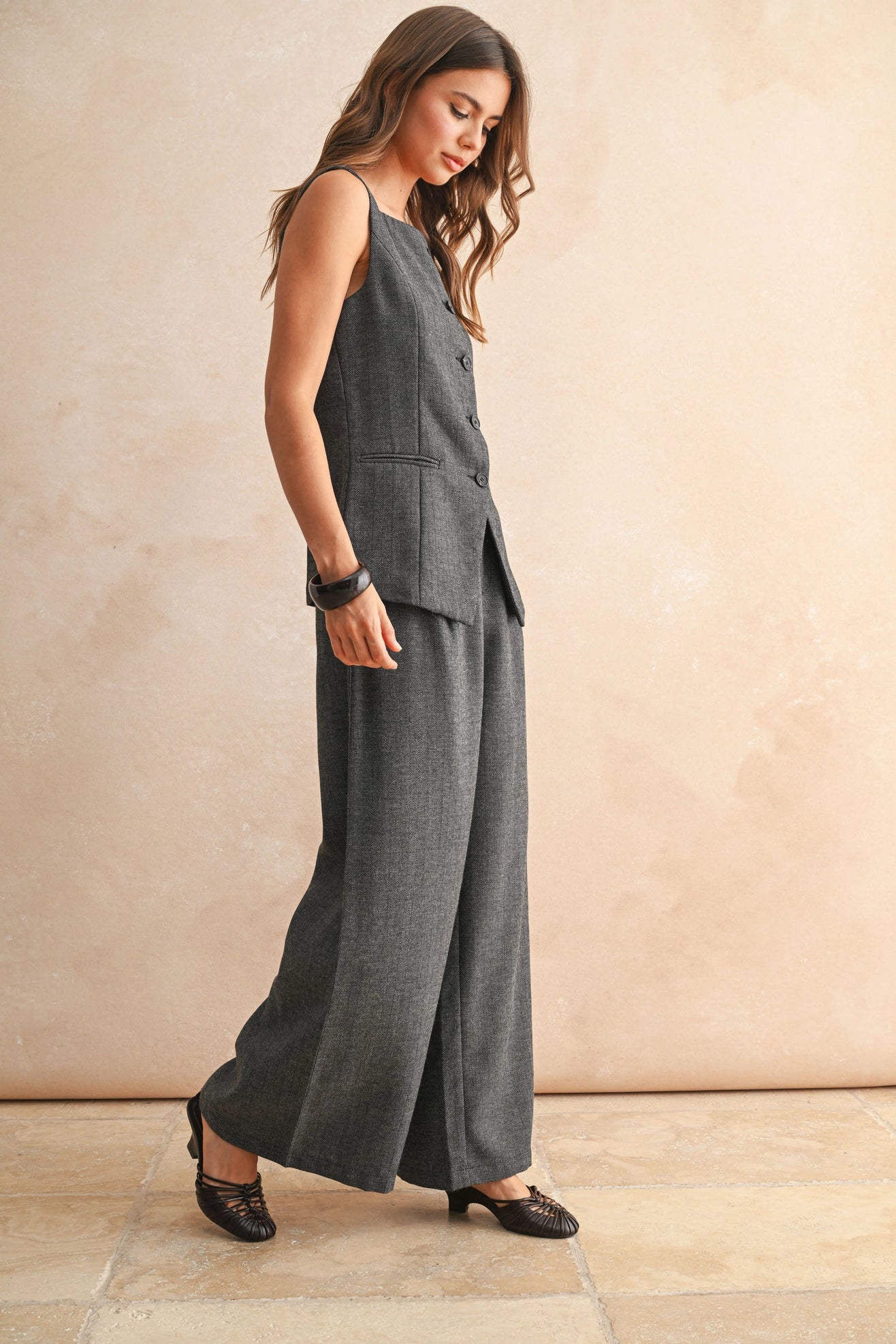 Herringbone Pattern Wide Leg Trousers