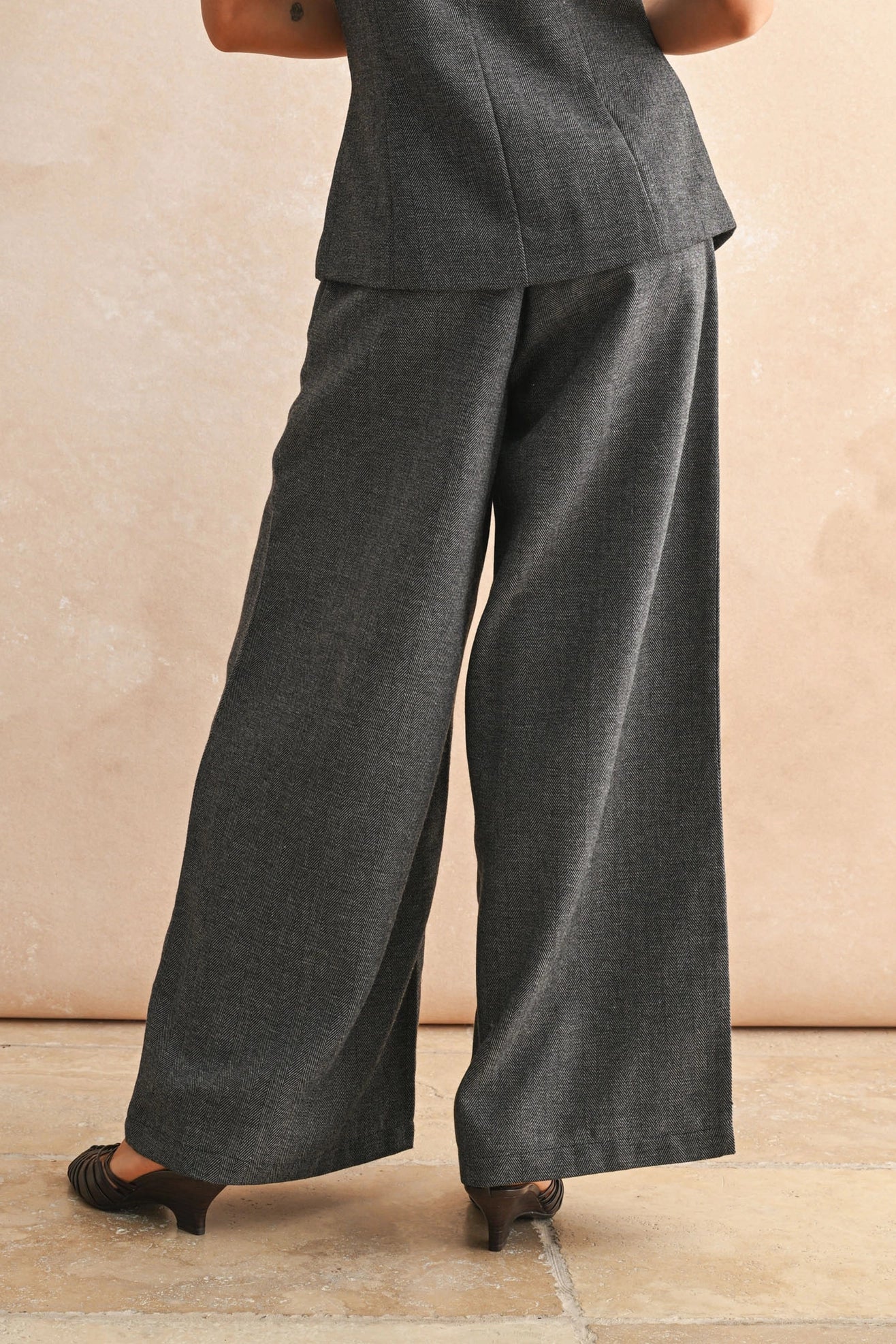 Herringbone Pattern Wide Leg Trousers
