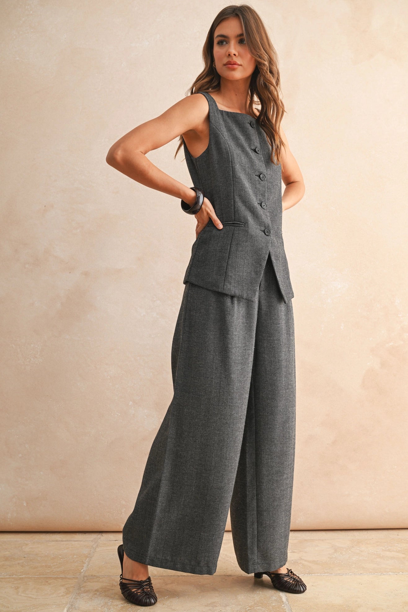Herringbone Square Neck Button Front Vest