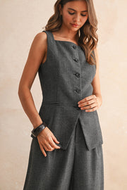Herringbone Square Neck Button Front Vest