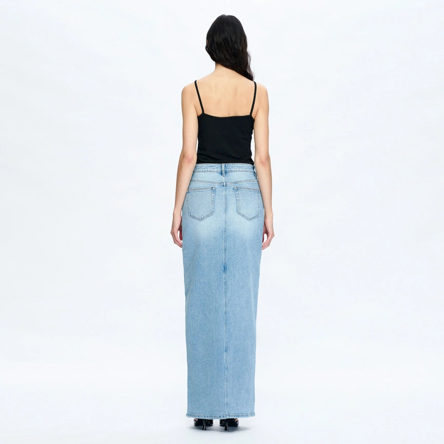 High-Low Denim Maxi Skirt(Finished Hem,Slit)-Skirt-BAYEAS-XS-PERIWINKLE BLUE-Urbanheer