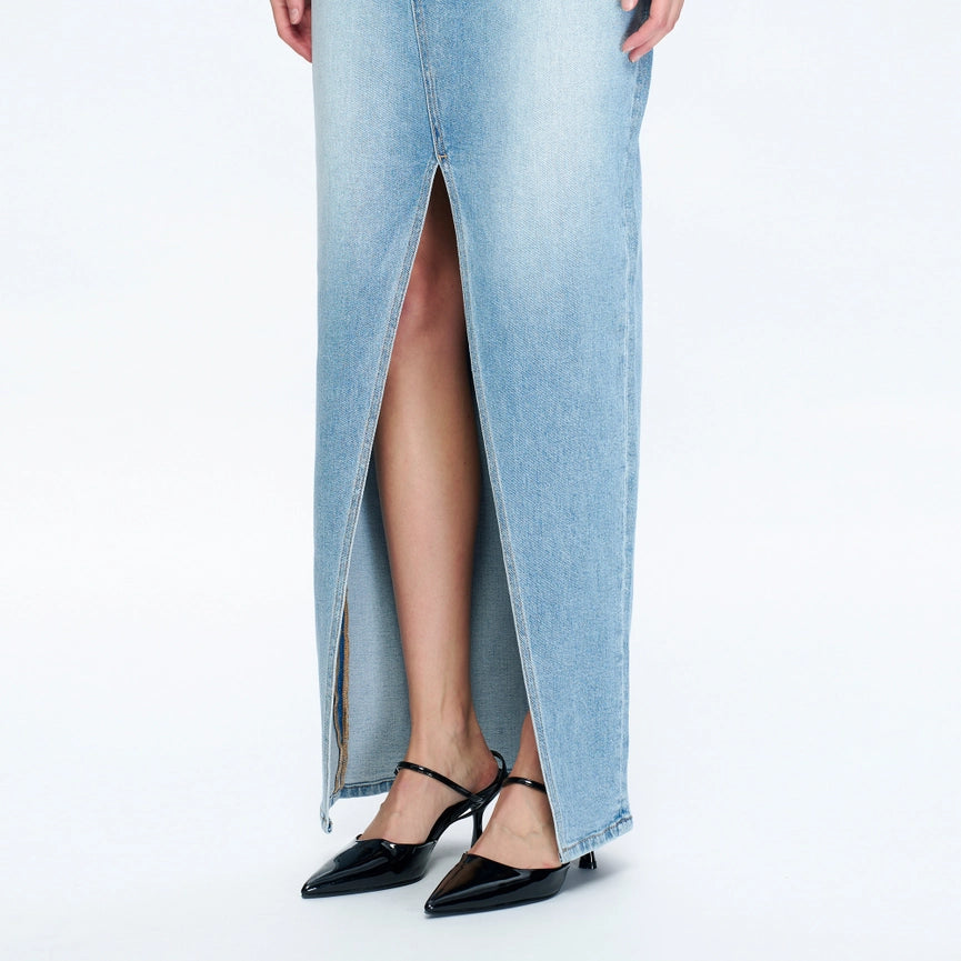 High-Low Denim Maxi Skirt(Finished Hem,Slit)-Skirt-BAYEAS-XS-PERIWINKLE BLUE-Urbanheer