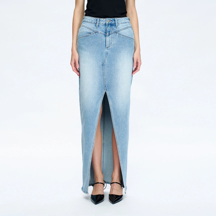 High-Low Denim Maxi Skirt(Finished Hem,Slit)-Skirt-BAYEAS-XS-PERIWINKLE BLUE-Urbanheer