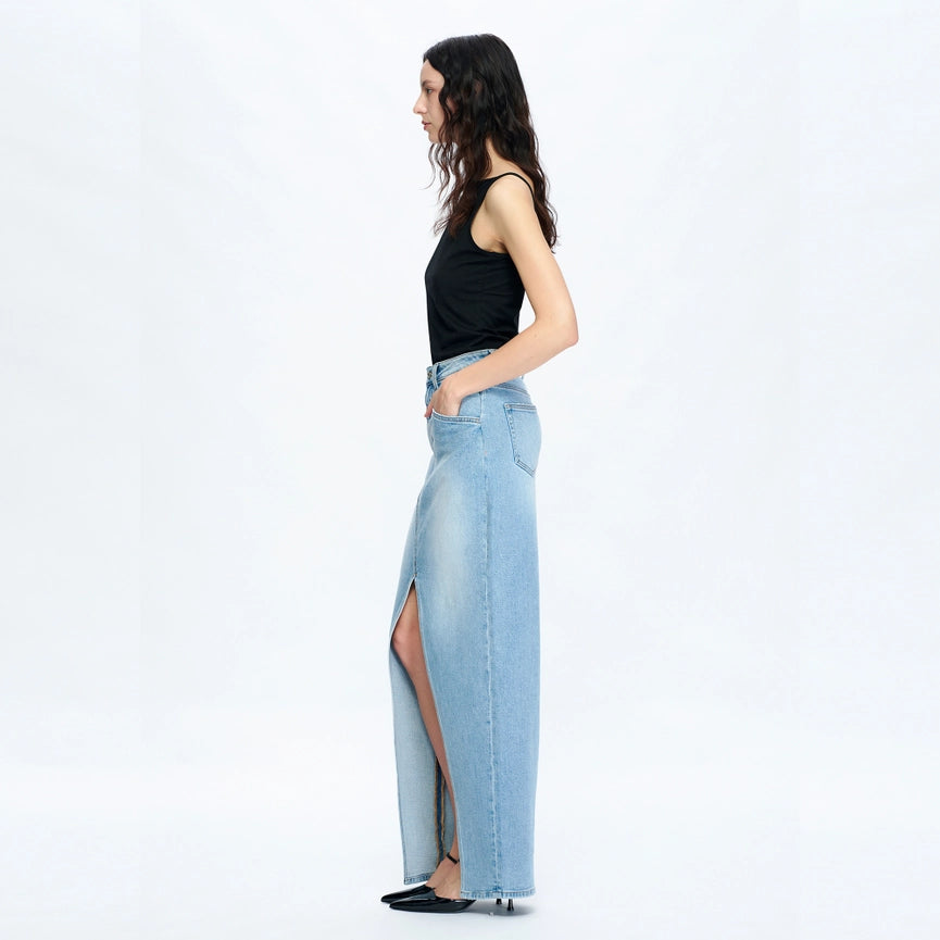 High-Low Denim Maxi Skirt(Finished Hem,Slit)-Skirt-BAYEAS-XS-PERIWINKLE BLUE-Urbanheer