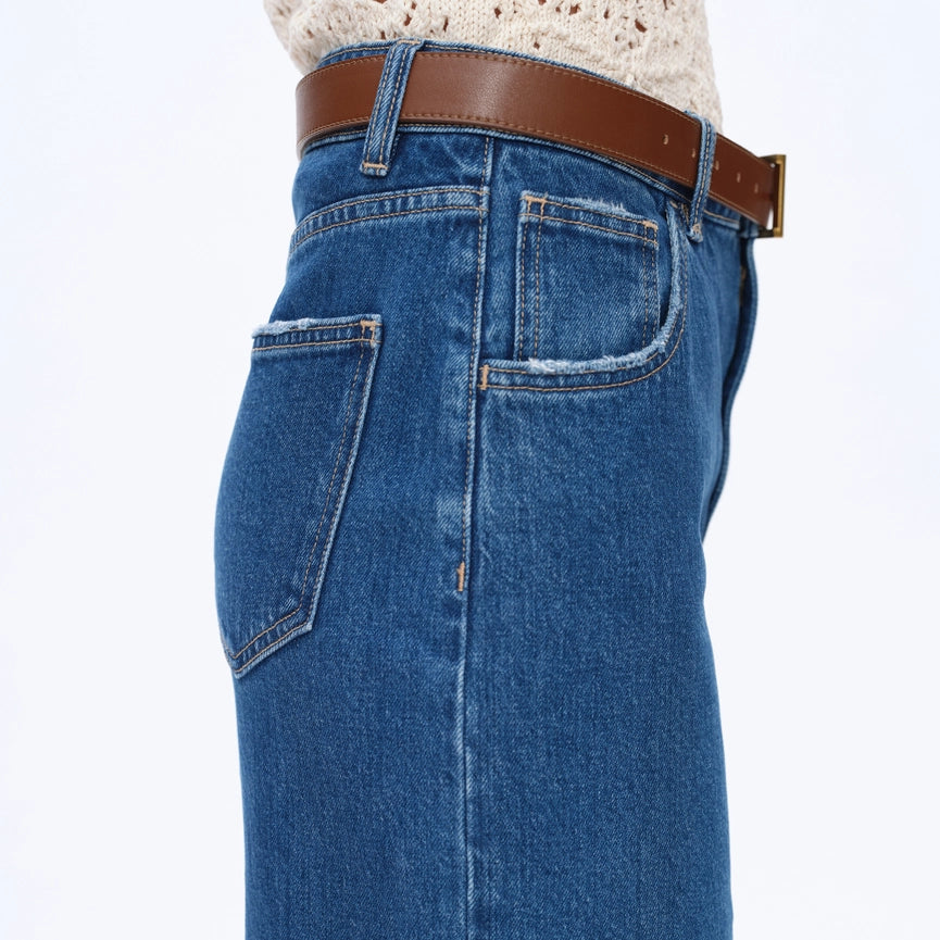 High-Low Slanted Denim Midi Skirt-Skirt-BAYEAS-XS-MEDIUM BLUE-Urbanheer