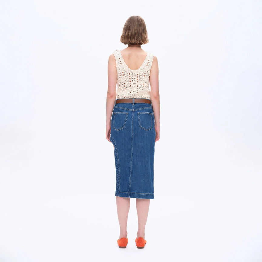 High-Low Slanted Denim Midi Skirt-Skirt-BAYEAS-XS-MEDIUM BLUE-Urbanheer