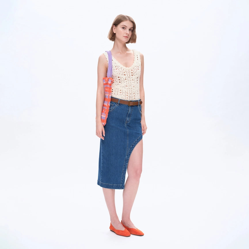 High-Low Slanted Denim Midi Skirt-Skirt-BAYEAS-XS-MEDIUM BLUE-Urbanheer