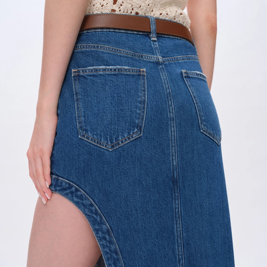 High-Low Slanted Denim Midi Skirt-Skirt-BAYEAS-XS-MEDIUM BLUE-Urbanheer