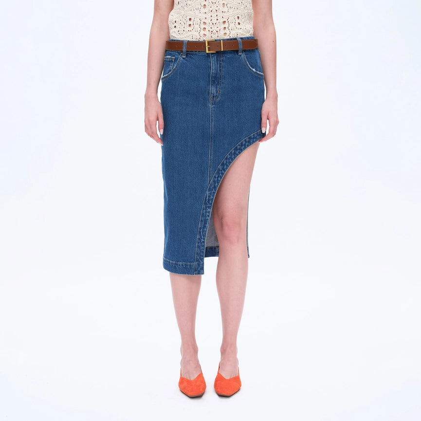 High-Low Slanted Denim Midi Skirt-Skirt-BAYEAS-XS-MEDIUM BLUE-Urbanheer
