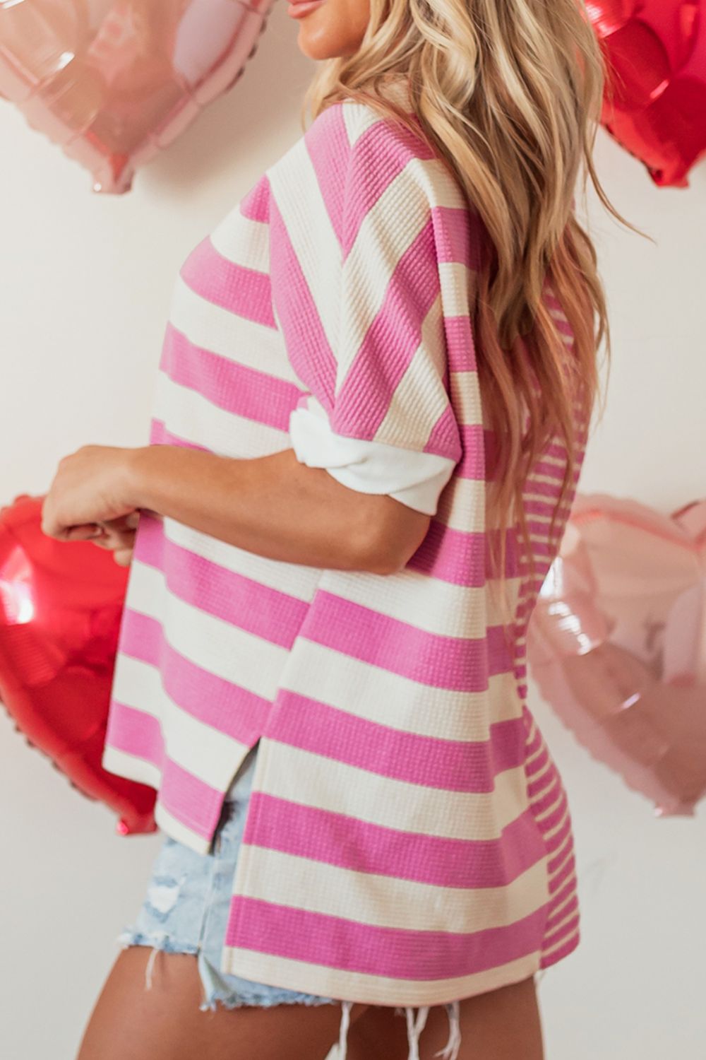 High-Low Striped Round Neck Short Sleeve T-Shirt-Street 360-Pink-S-Urbanheer